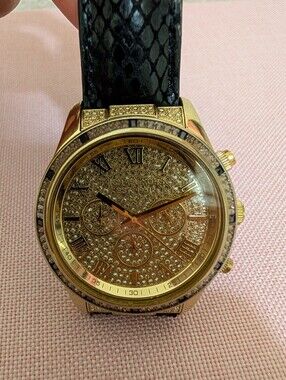 EUC•Michael Kors MK2310•44mm Gold-Tone Glitz Layton Watch•Black Leather Phyton ⌚